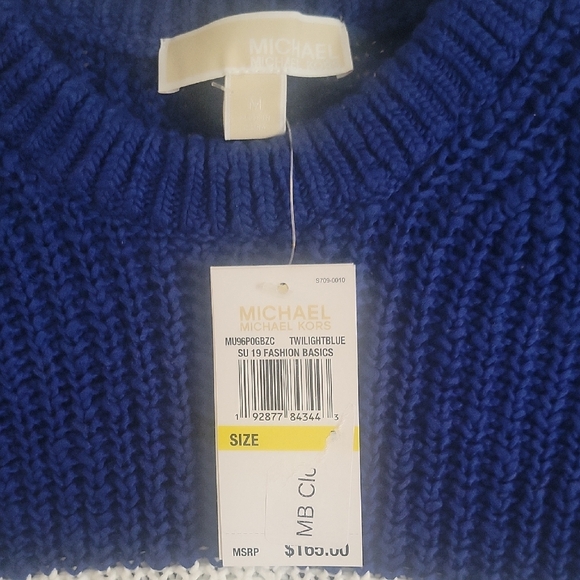 Michael Kors SzMed 100% Cotton Cable Knit Navy White Striped Scoop neck Sweater - Picture 2 of 6